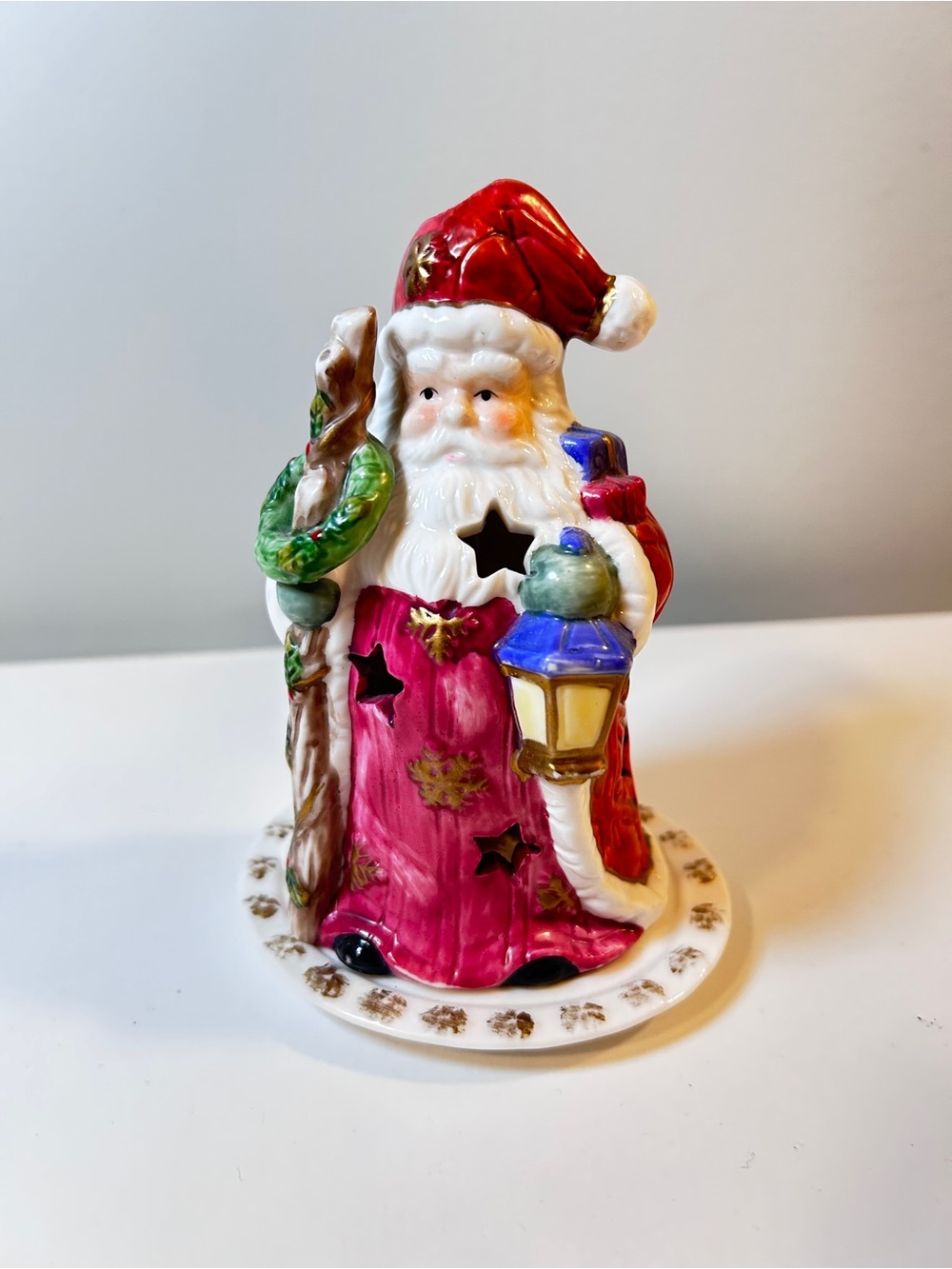 Ceramic Santa Claus Candle Holder with Star Cutouts – Christmas Decor